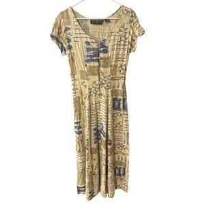Chaus Sport Women’s Sz 8 Cream Blue Pleat Wooden Button VTG Boho Bohemian Chic￼